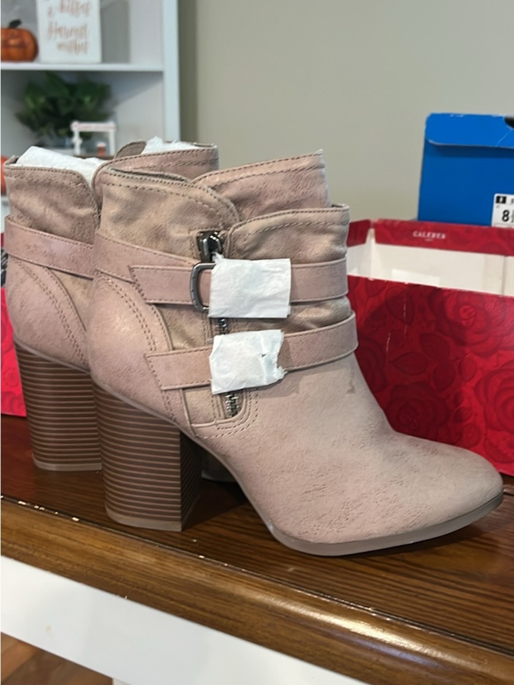 Carlos by Carlos Santana Blush Pink Faux Suede Ankle Booties with Stacked Heel